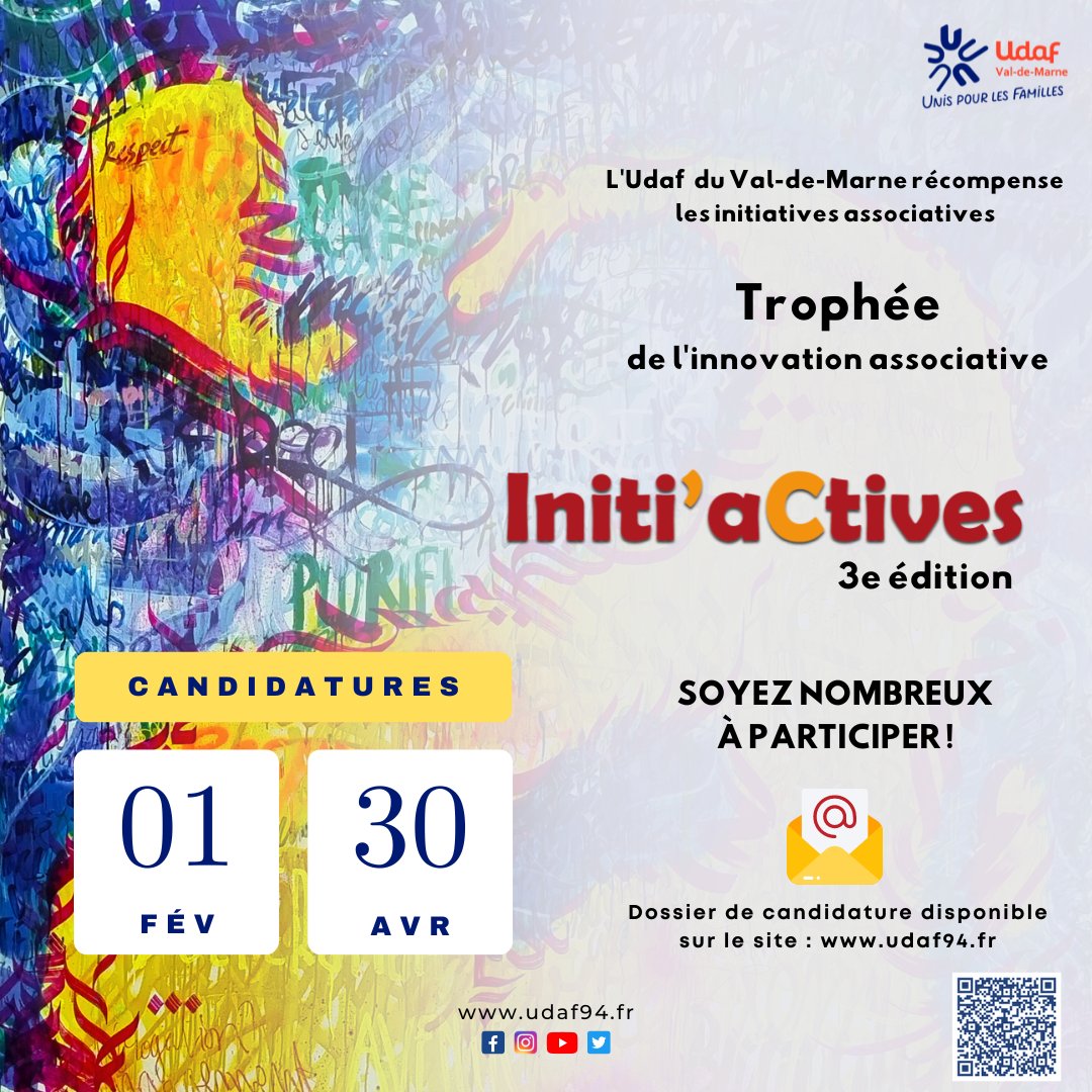 Trophée Initi’actives est une aide financière (jusqu'à 3 000€) et un accompagnement pour les projets et les actions des associations familiales.

📷Dossier de candidature disponible sur notre site internet udaf94.fr

#udaf94 #association #valdemarne #aidefinancière