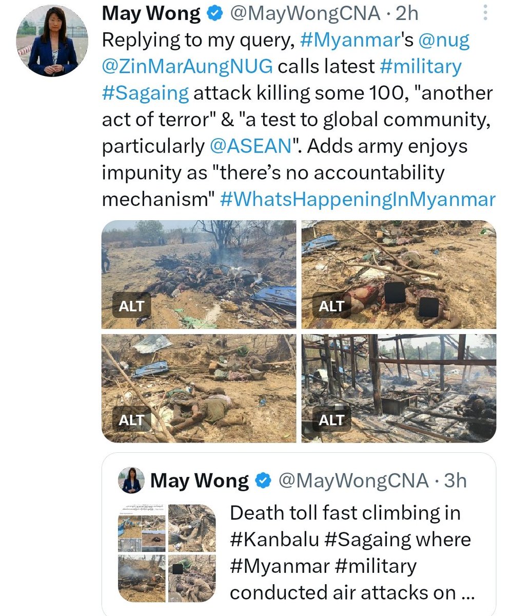 Nice for <a href="/ASEAN/">ASEAN</a> to acknowledge #Myanmar new year #Thingyan this week. But calls grow ever more vociferously as #military air strikes targeted #Sagaing reportedly killed some 100 civilians on 11 April 2023. Renewed pleas for more actions, not words by bloc #WhatsHappeningInMyanmar