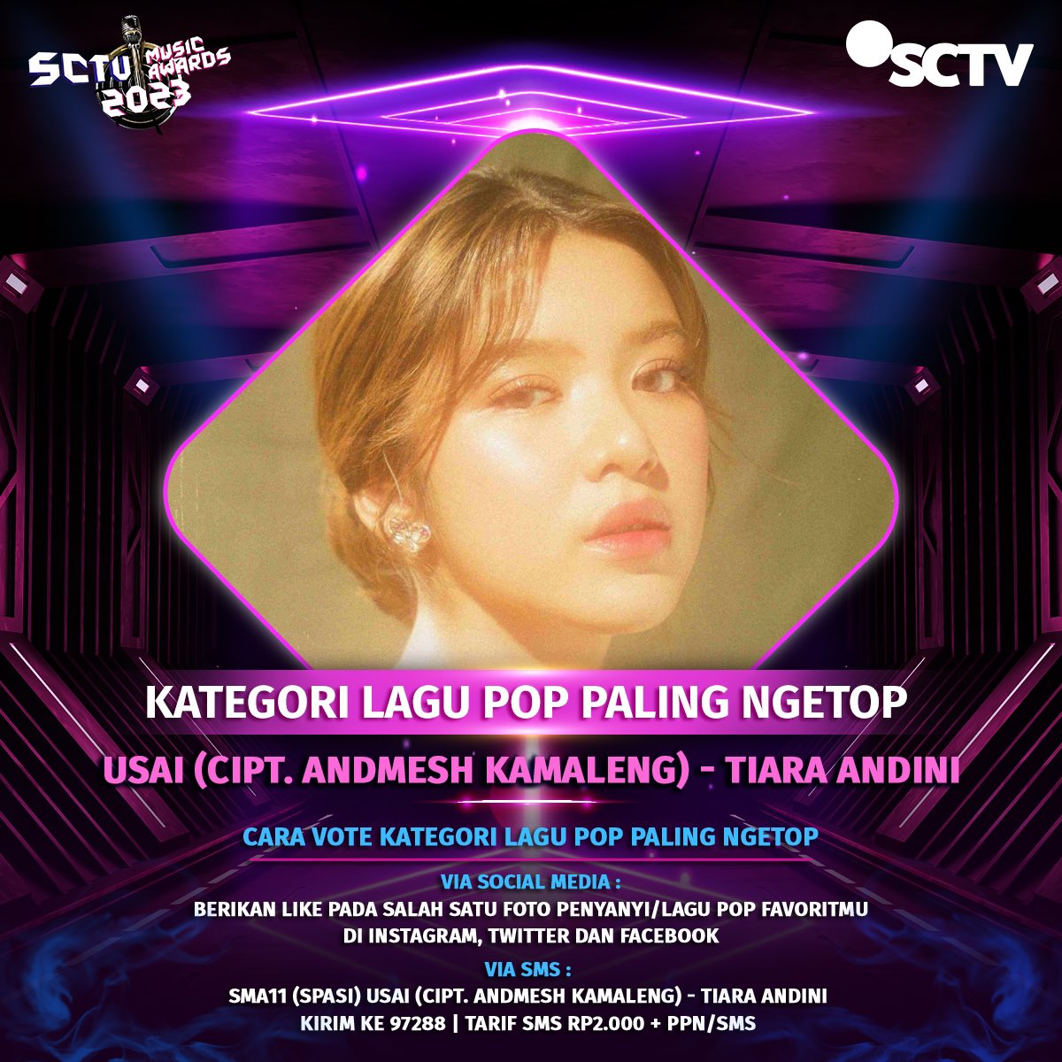 Yuk, dukung Usai (Cipt. Andmesh Kamaleng) - Tiara Andini untuk memenangkan "Lagu Pop Paling Ngetop" #SMA2023 dengan cara like postingan ini!

Periode vote: 10 April - 7 Mei 2023, pkl 23.59 WIB.

#VoteSMA2023
#SMA2023Usai 
#SCTVSpesial
