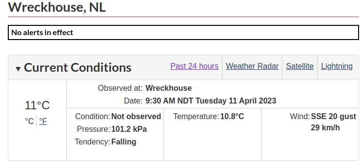 rcbstormpost's tweet photo. Looks like #Wreckhouse is the first to reach double digits. Thanks to a bit of downsloping, already 10.8°C at 9:30 am. https://t.co/HxVqdtKKEz #nlwx https://t.co/P0zd0ItxHC