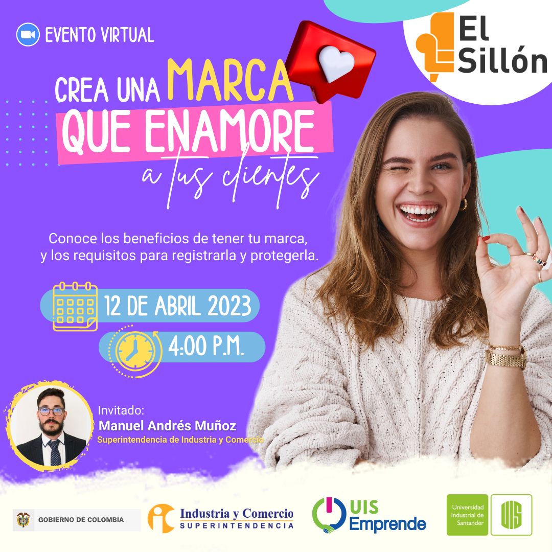 Ipred_UIS's tweet photo. Hacemos extensiva la invitación a la comunidad del IPRED, a participar en la segunda edición de El Sillón 2023: “Crea una marca que enamore a tus clientes. Conoce los beneficios de tener tu marca, y los requisitos para registrarla y protegerla” https://t.co/k1e037W3Xs