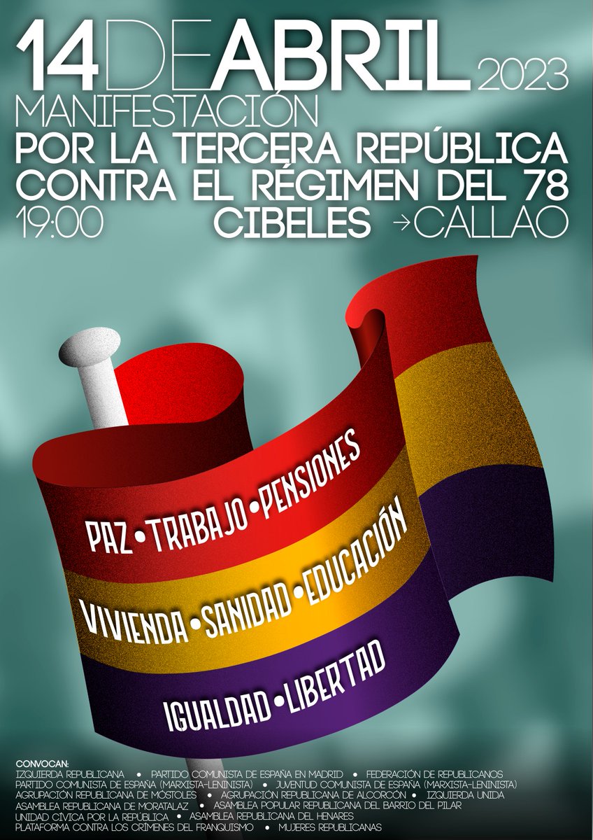 MiercolesRepubl's tweet photo. 📢 Manifestación por la República en Madrid el 14 de abril de 2023; recorrido desde Cibeles hasta Callao, salida a las 19.00 h. ❤️💛💜

¡Pásalo! 

👉 https://t.co/oTy96kVHj3 #FelizLunes https://t.co/6nNifuRnQ5