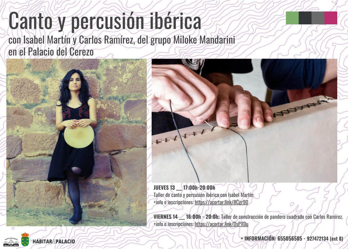 ▶️ JUEVES 13 ABRIL (17:00h - 20:00h)
Taller de canto y percusión ibérica con Isabel Martín.
Inscripciones: acortar.link/8Cgr9D 

▶️ VIERNES 14 ABRIL (16:00h - 20:00h)
Taller de construcción de pandero cuadrado con Carlos Ramírez.
Inscripciones: acortar.link/DsPXDu