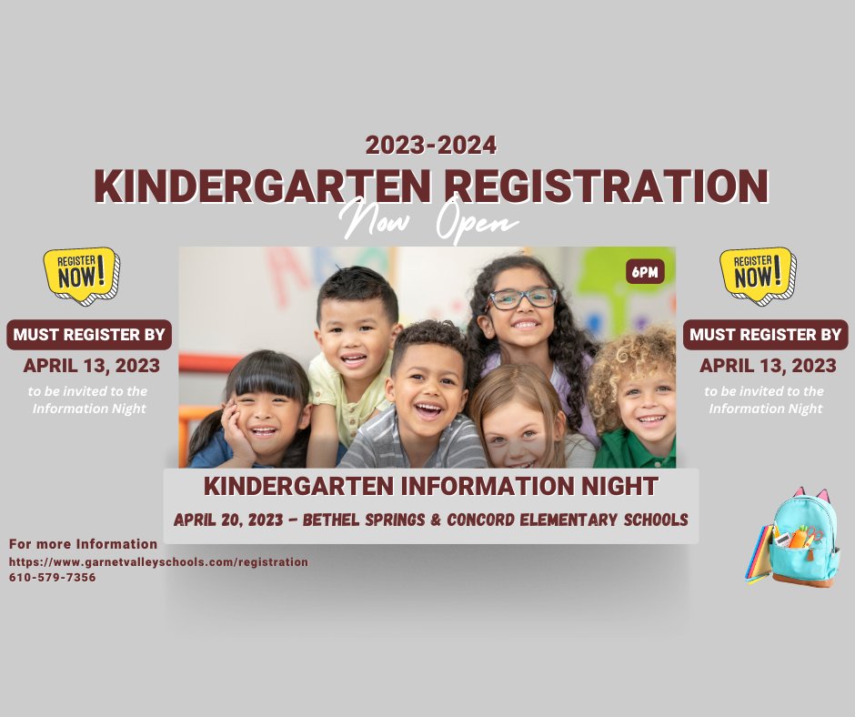 Kindergarten registration for the 2023-2024 academic year is NOW OPEN. To be invited to the Information Night on April 20, 2023, make sure to register by the deadline of April 13th. Don't miss out on this important event, register today. #nextgenerationGV bit.ly/3yHouVA