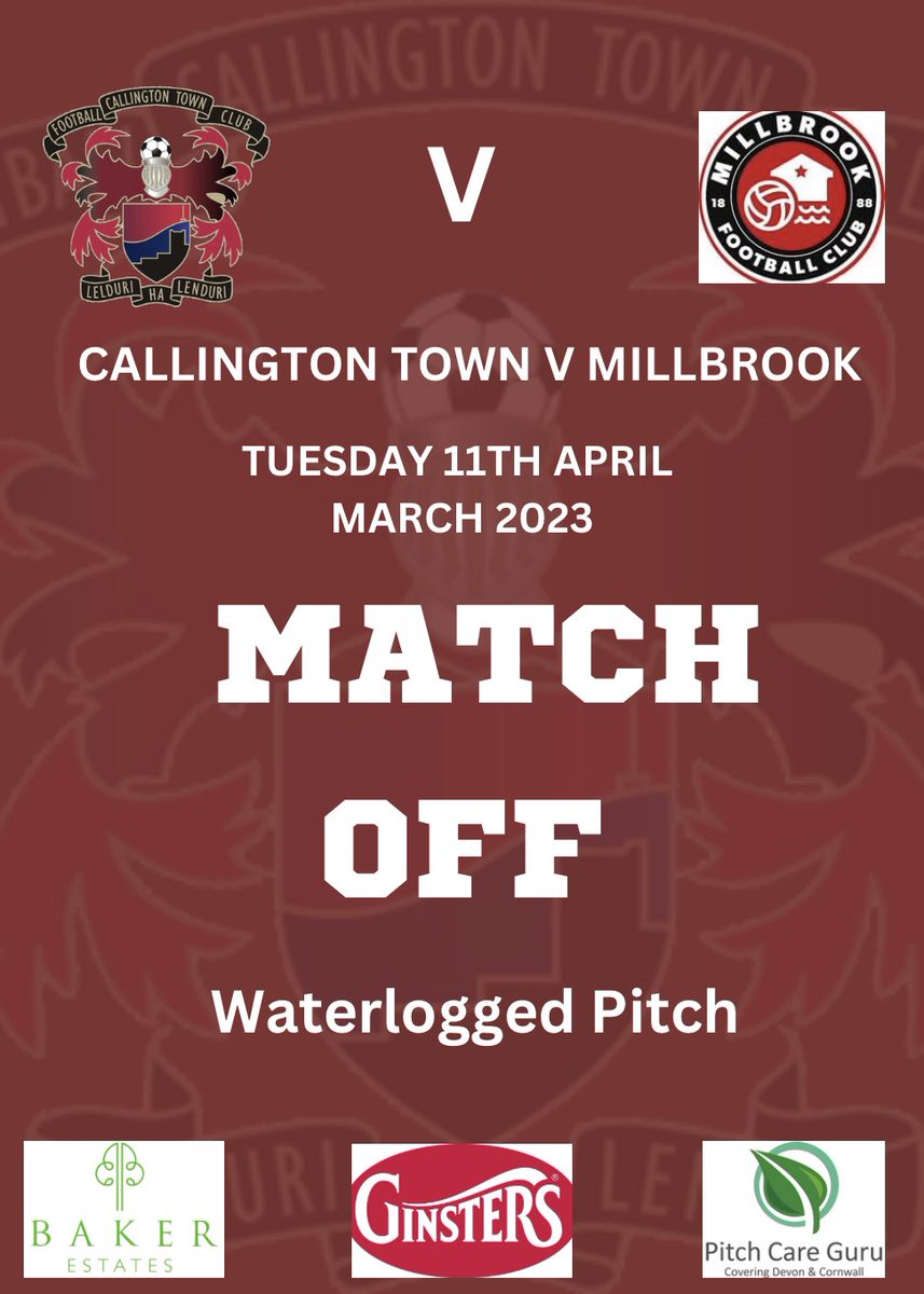 MATCH OFF - this evening’s <a href="/StPiranLeague/">Kernow Stone St Piran League</a> game between <a href="/CallyTownFC/">Callington Town FC</a> Reserves and <a href="/MillbrookAFC/">Millbrook AFC</a> reserves is off due to a waterlogged <a href="/therealginsters/">Ginsters</a> Marsh <a href="/swsportsnews/">South West Sports News</a> <a href="/PLsportsnews/">PlymouthSportsNews</a> <a href="/sportscornwall/">Cornwall Sports Media</a> <a href="/KJMsport57/">Kevin Marriott</a> <a href="/NigelWalrond/">Nigel Walrond</a>
