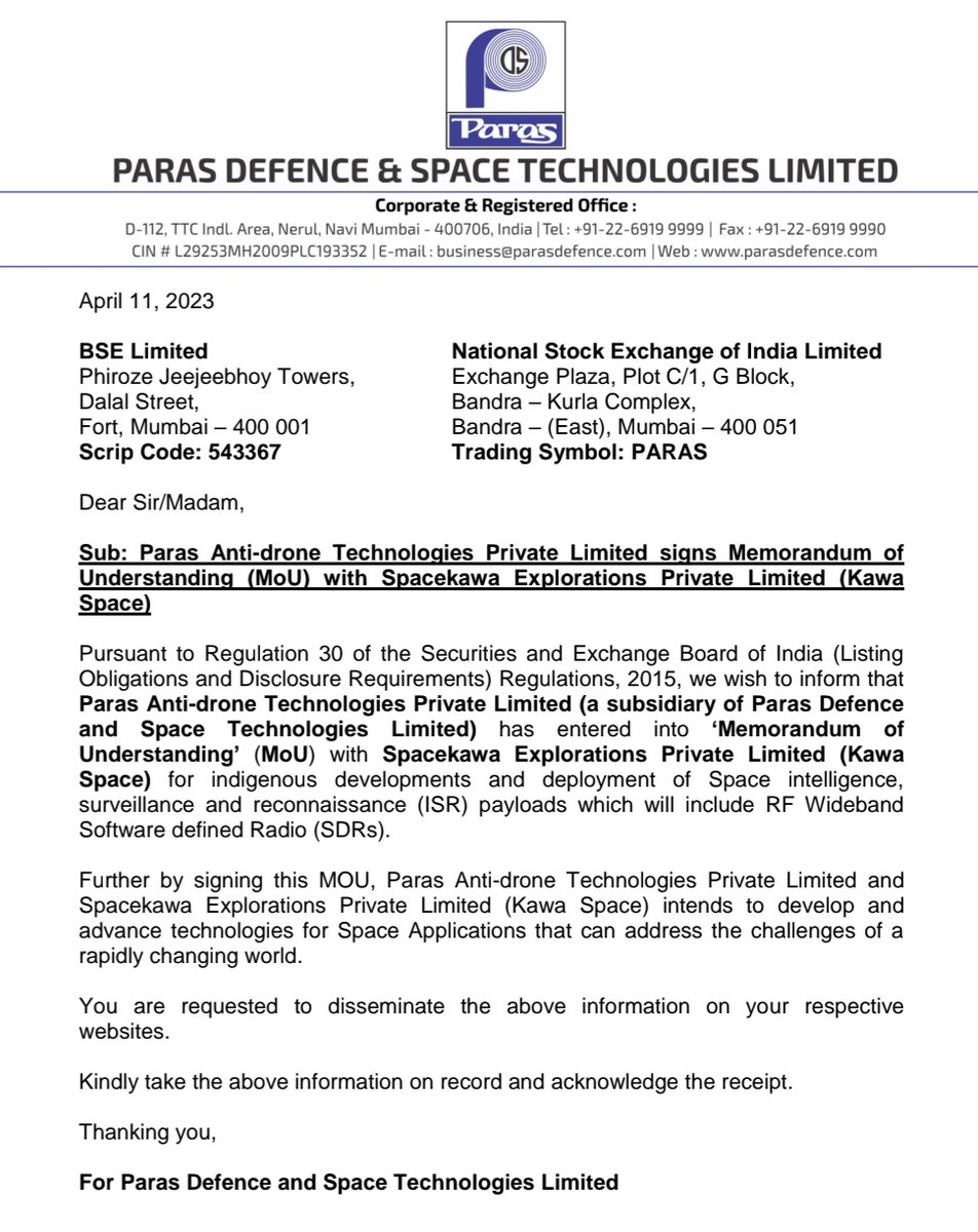MarketVedantA's tweet photo. Paras Defence Subsidiary, Paras Anti-drone Tech, enters into MoU with Spacekawa Explorations for indigenous developments and deployment of Space applications.
#ParasDefence #Subsidiary #ParasAntidroneTech #MoU #SpacekawaExplorations #indigenousdevelopments #deployment #Space https://t.co/HQgKxA23Rw