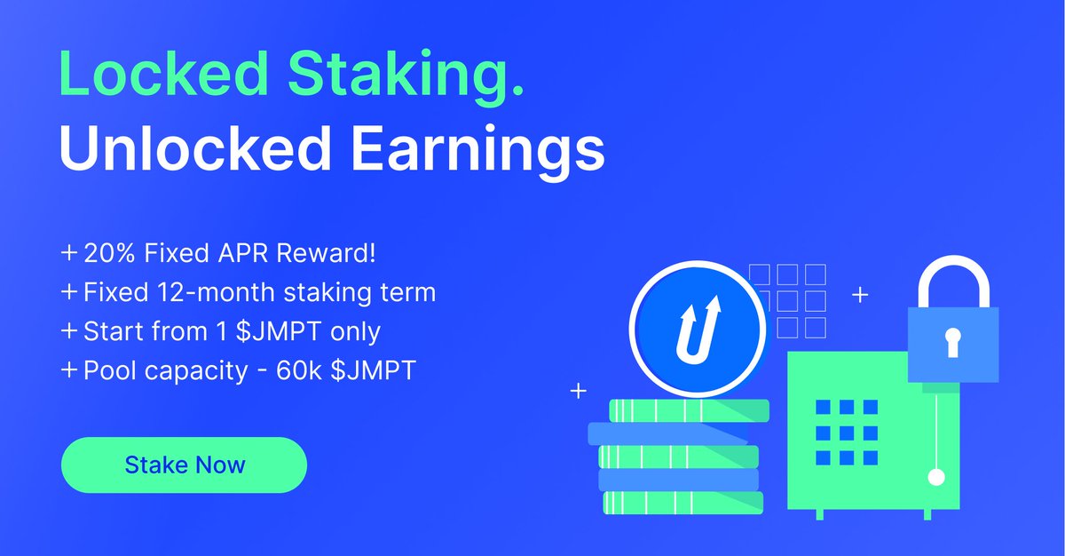 📣 New.. Staking.. Pool.. Is HERE! 📣

🔥 $JMPT Locked Staking is READY

👉 Check our dashboard to see it!

What you need to know about our Locked Pro+ pool:

➡️ 20% Fixed APR Reward!

➡️ Fixed 12-month staking term

➡️ Start from 1 $JMPT only

🚨 Get your tokens ready: the pool