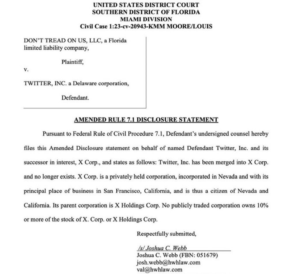 CryptoPM_'s tweet photo. According to a recent court filing from the Southern District of Florida, Twitter is now “X”. “Twitter, Inc has been merged into X Corp. and no longer exists.”
#Twitter #twittermerge #twitterX #ElonMusk https://t.co/ooGs8RIMwD