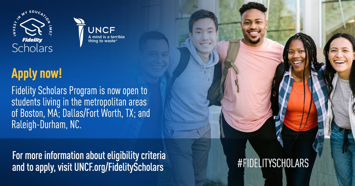 The #FidelityScholars Program is a scholarship for the “Mighty Middle”!
This opportunity will impact students in select areas who have significant potential but less access to scholarship opportunities.

For eligibility criteria &amp; to apply, visit ➡️ UNCF.org/FidelitySchola…