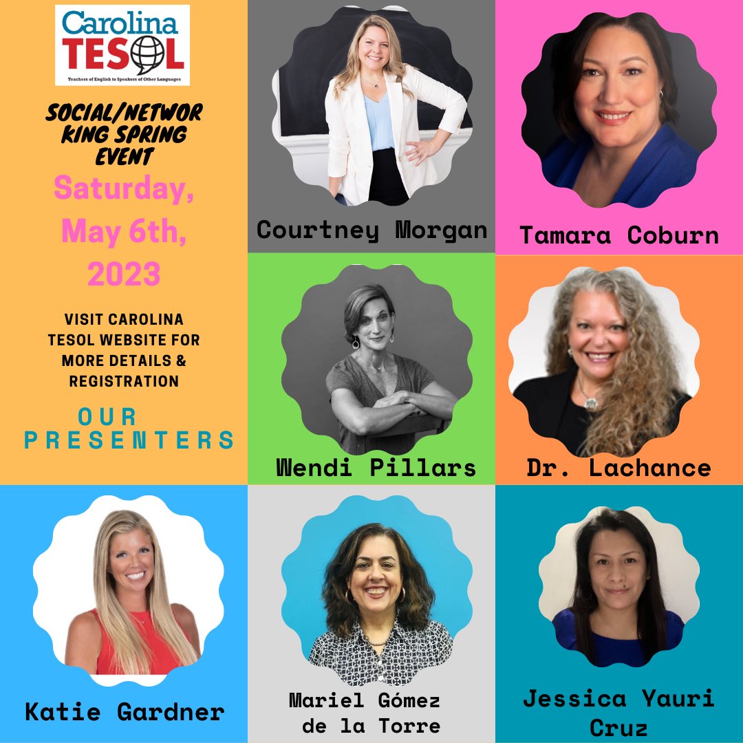 April’s <a href="/CarolinaTesol/">Carolina TESOL</a>’s newsletter is out!

📣 Shoutout to our Ah-Mazing Social/Networking Spring Event speakers

You. Won’t. Want. To. Miss. This!

<a href="/MrsMorganTeach/">Courtney Morgan</a>
<a href="/TamaraTESOL/">Tamara Coburn</a>
<a href="/wendi322/">Wendi Pillars</a>
@joan_lachance
<a href="/MGomezdelaTorre/">M Gomez de la Torre-MAED</a>
<a href="/gardnerkb1/">Katie Gardner, NBCT</a>
<a href="/JessicaYauriCr1/">Jessica Yauri Cruz</a> 

🔗 sites.google.com/carolinatesol.…