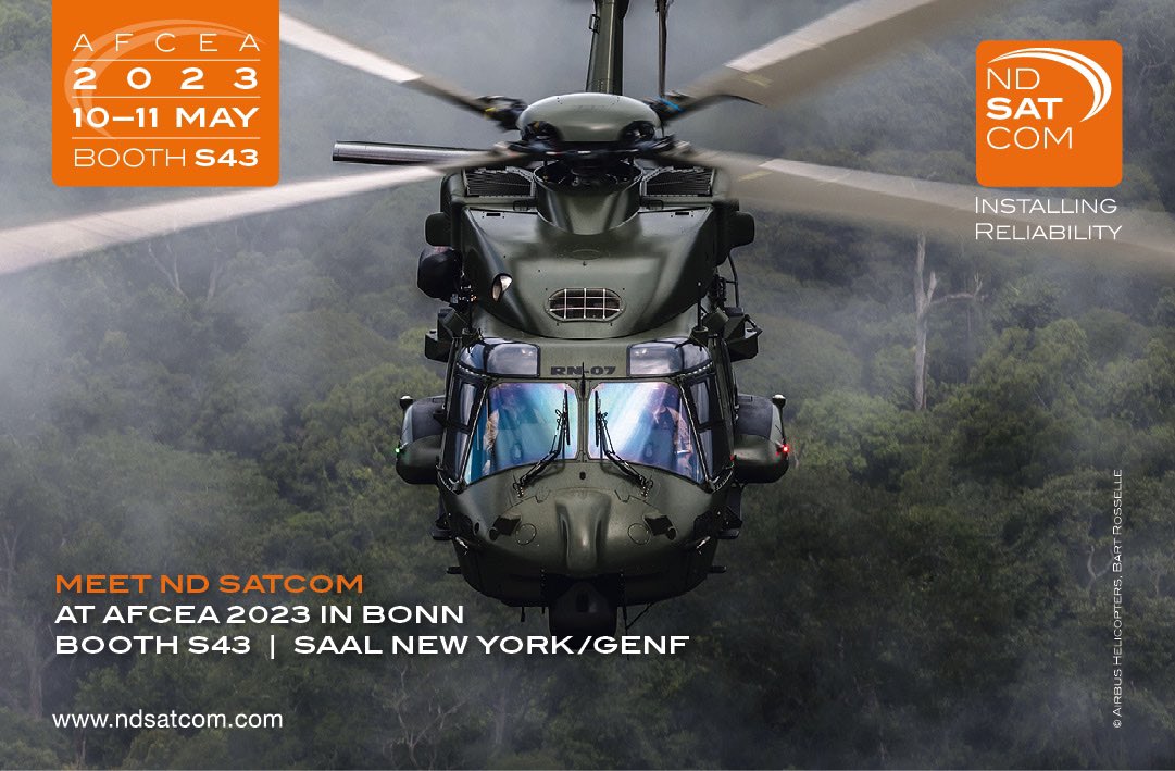 NDSATCOM's tweet photo. Making Missions Possible: ND SATCOM will be attending the AFCEA exhibition on May 10th and 11th. Come visit us at booth S43 in Hall “New York / Genf” to see our latest solutions and developments. 
Don't miss out on this opportunity! 

#AFCEA #NDSATCOM #solutions #communications https://t.co/iGwjXzlrb0