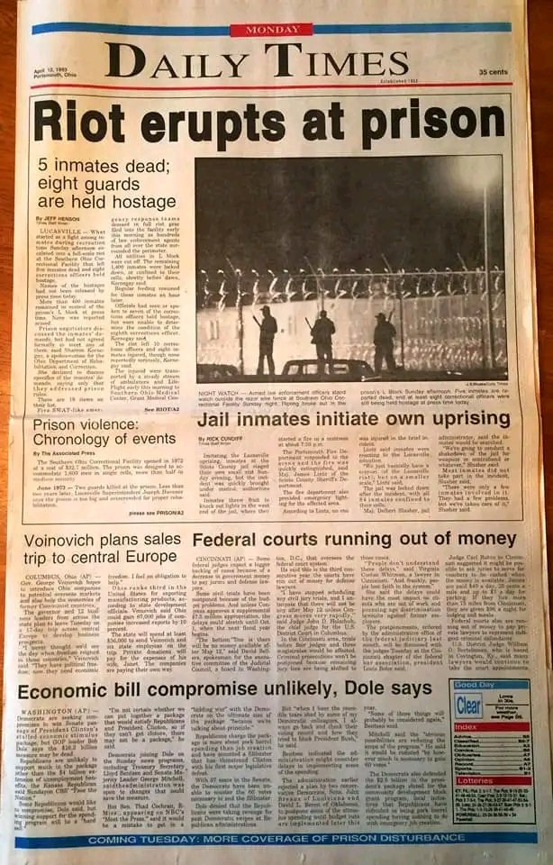 MrDarrenEPrice's tweet photo. 30 yrs ago today began the longest #prisonriot in #US history at #SOCF in #Lucasville. Pls remember the staff & their families whose lives were forever changed, especially the family of C/O Bobby Vallandingham, who was murdered during the riot.#Brotherhood #NeverForget @DRCOhio https://t.co/bS0kLhJ8hP