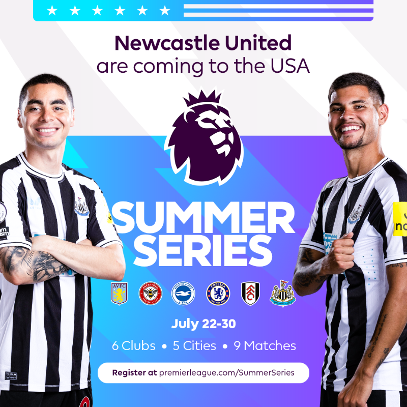 NUFC's tweet photo. We are heading to the USA this summer! 🇺🇸

The Magpies will travel to the States in July to take part in the #PLSummerSeries.

🆚 Aston Villa - 23 July - Philadelphia 
🆚 Chelsea - 26 July - Atlanta
🆚 Brighton - 28 July - New Jersey

More details ⤵️