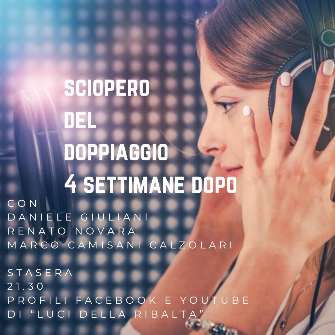 Com’è la situazione del doppiaggio italiano a quattro settimane dalla fine dello sciopero? Ne parleremo stasera a “Luci della ribalta” (Facebook e YouTube) con i doppiatori Daniele Giuliani (Pres.Anad) e Renato Novara e con <a href="/marcocc/">M.Camisani-Calzolari</a>, inviato e consulente digitale di <a href="/Striscia/">Striscia la notizia</a> .