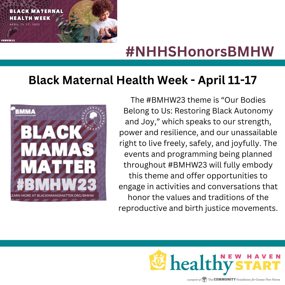 NHHealthyStart's tweet photo. This year marks the 6th annual Black Maternal Health Week (#BMHW23), which will be held from April 11-17, 2023!
#NHHealthyStart #BMHW23 #BlackMaternalHealthWeek #BlackMamasMatter #ReproJustice #ENDMaternalMortality
Learn more here: https://t.co/ZUNIQys5TD https://t.co/wYNDiqP6YI