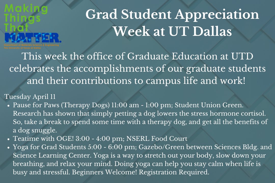 UTDMaterialsSci's tweet photo. Here’s the link to register for Yoga: Select a Date & Time - Calendly
#MakingThingsThatMatter #MSEUTD #UTDallas #Gradstudentappreciationweek #OurStudentsMatter https://t.co/PIzapXOUjV