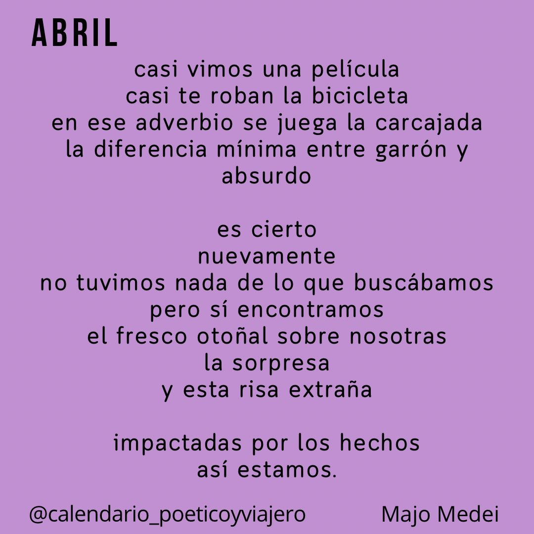 11 de abril, Majo Medei
<a href="/siempre_deviaje/">Siempre de Viaje</a> <a href="/viajeraeditora/">Viajera Editorial</a>