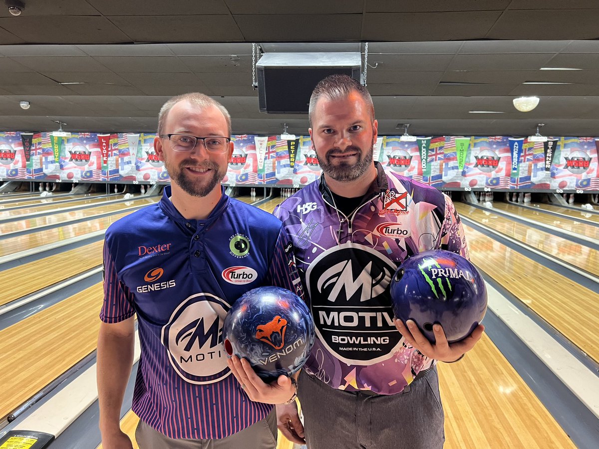MotivBowling's tweet photo. ✌️moving on to the show!!!  @ejt300 locked up P2 and @AJ_JohnsonPBA secured P5 after a clutch roll-off win to advance to the PBA Cheetah Championship show LIVE Monday, April 17 at 7 pm ET on FS1 #MOTIVNATION https://t.co/W3abSYn1vx