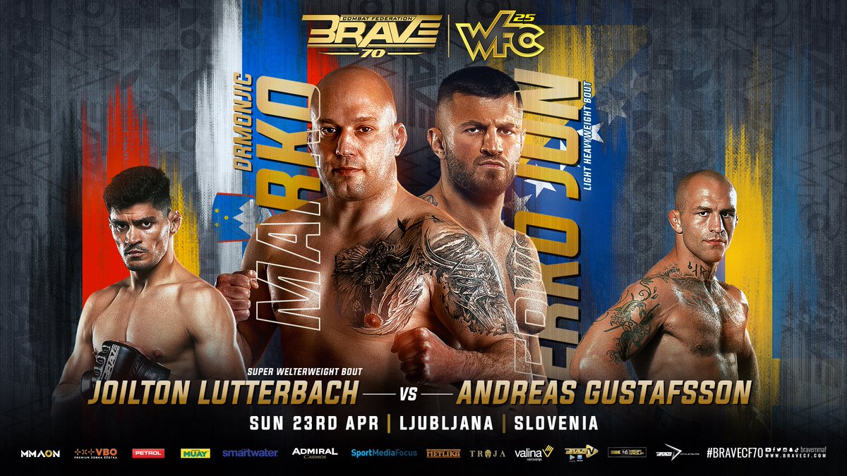 bravemmaf's tweet photo. Your updated #BRAVECF70 x #WFC25 Official Poster is here! ✅️ Featuring the stars of the main and co-main events💪🏻

🗓️ 23rd April 2023
📍Ljubljana, Slovenia 🇸🇮

[#BRAVECF #WFC #yearofthevoice | #Slovenia #Ljubljana #MMA] https://t.co/H3QDLM6BKG