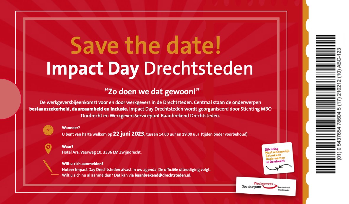 📅 𝗦𝗮𝘃𝗲 𝗧𝗵𝗲 𝗗𝗮𝘁𝗲! 𝗜𝗺𝗽𝗮𝗰𝘁 𝗗𝗮𝘆 𝗗𝗿𝗲𝗰𝗵𝘁𝘀𝘁𝗲𝗱𝗲𝗻 
Op 22 juni 2023 vindt de werkgeversbijeenkomst voor en door werkgevers in de Drechtsteden plaats.

🖊 Zet hem snel in uw agenda! Deze bijeenkomst wilt u niet missen.