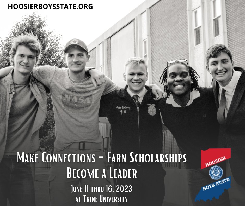 Register for Hoosier Boys State. ⁠
The FREE weeklong program takes place at Trine University from Sunday, June 11 to Friday, June 16, 2023.⁠
Meet new people, gain leadership skills, build your resume and earn scholarship opportunities.⁠
Register at:⁠
⁠hoosierboysstate.org