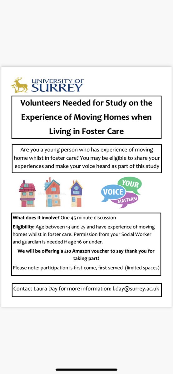 Research opportunity for Care Experienced young people for their voices to be heard around experiences of moving to different places to live whilst in care #careexperience #FosterCare 

<a href="/UoSPsychD/">Clinical Psychology at Surrey</a> 
<a href="/ReesFoundation/">Rees Foundation</a> 
<a href="/JonesChristinaJ/">Professor Christina Jones</a>