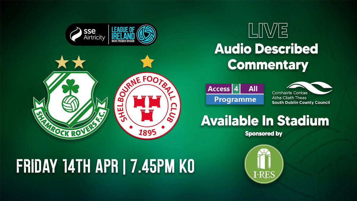 Shamrock Rovers FC (@shamrockrovers) on Twitter photo 🎧 Headsets providing Audio Described Commentary are available for visually impaired fans at Friday's game v Shelbourne at <a href="/tallaghtstadium/">Tallaght Stadium</a>
This initiative is part of SRFC's inclusivity work supported by <a href="/sdublincoco/">SDCC</a>, <a href="/NCBIDayServices/">NCBI Day & Hub Services</a> & IRES
Tickets 📩 info@shamrockrovers.ie 🎧 Headsets providing Audio Described Commentary are available for visually impaired fans at Friday's game v Shelbourne at <a href="/tallaghtstadium/">Tallaght Stadium</a>
This initiative is part of SRFC's inclusivity work supported by <a href="/sdublincoco/">SDCC</a>, <a href="/NCBIDayServices/">NCBI Day & Hub Services</a> & IRES
Tickets 📩 info@shamrockrovers.ie