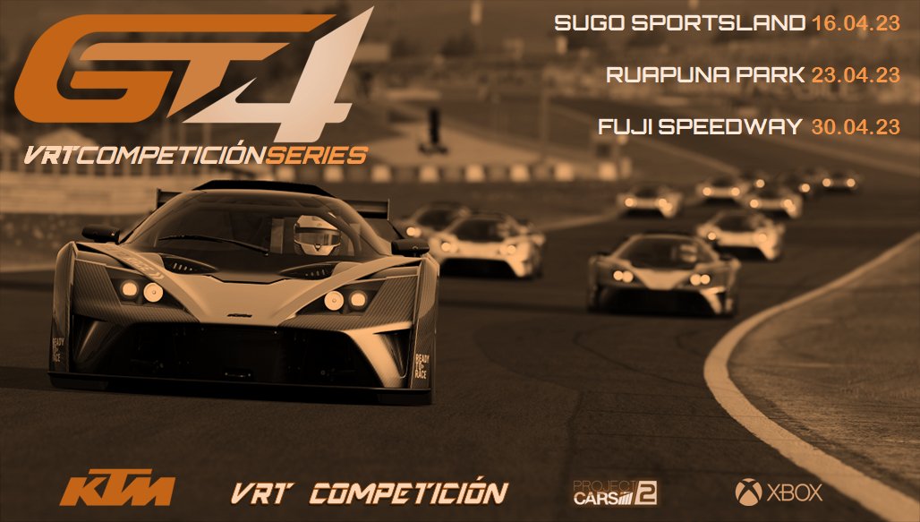 villayorteam's tweet photo. Presentamos la nueva serie de #GT4 para #ProjectCARS2 #Xbox en VRT COMPETICIÓN

El primer #campeonato será el #GT4AsiaPacific🏆 que empieza este domingo a las 22h con el #KTMXbowGT4

🔵 Más información e inscripciones en https://t.co/F1z5s19pDv

#SimRacing #PC2 #discord https://t.co/fe8Iwh4Wrl