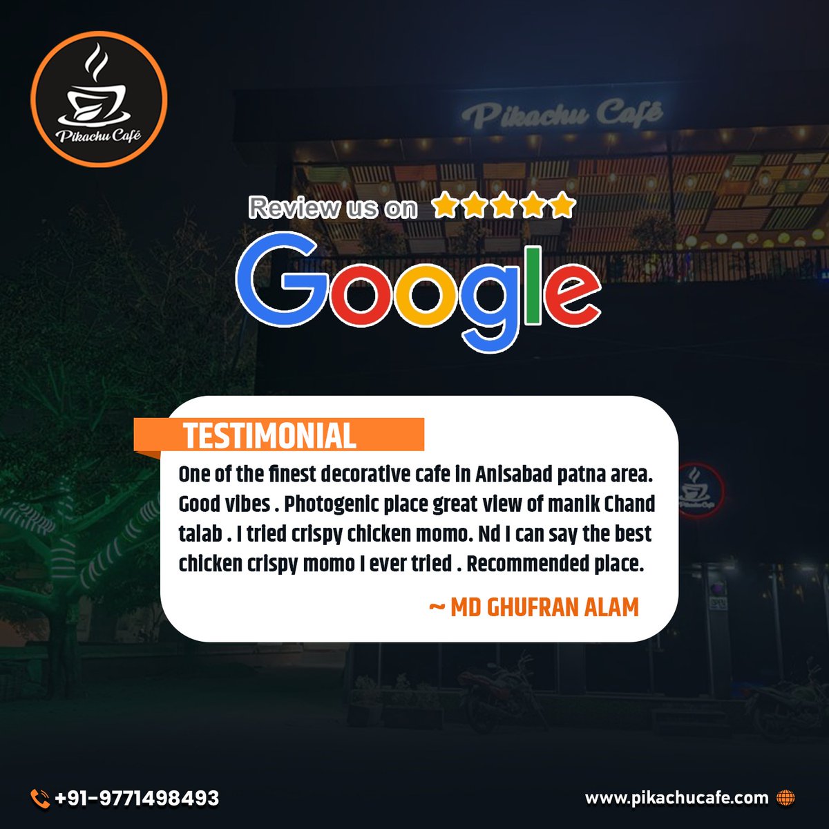 CafePikachu's tweet photo. A Happy Review from our Customers maakes our day worth the efforts we put in to make the perfect meal for you.
#pikachucafe #bestcafeinpatna #bestrestaurantinpatna #cafeatprimelocation #bestfoodinpatna #toproofcafeinpatna #yummyfood #patna  #iplmatch #ipl #reviews https://t.co/VeI9RYUh7O