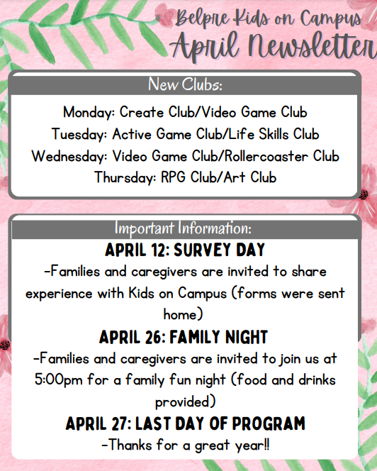 KidsonCampus1's tweet photo. Belpre High School KoC has their April newsletter out! Take a peek here! 👀 https://t.co/8NnNu1XXRv