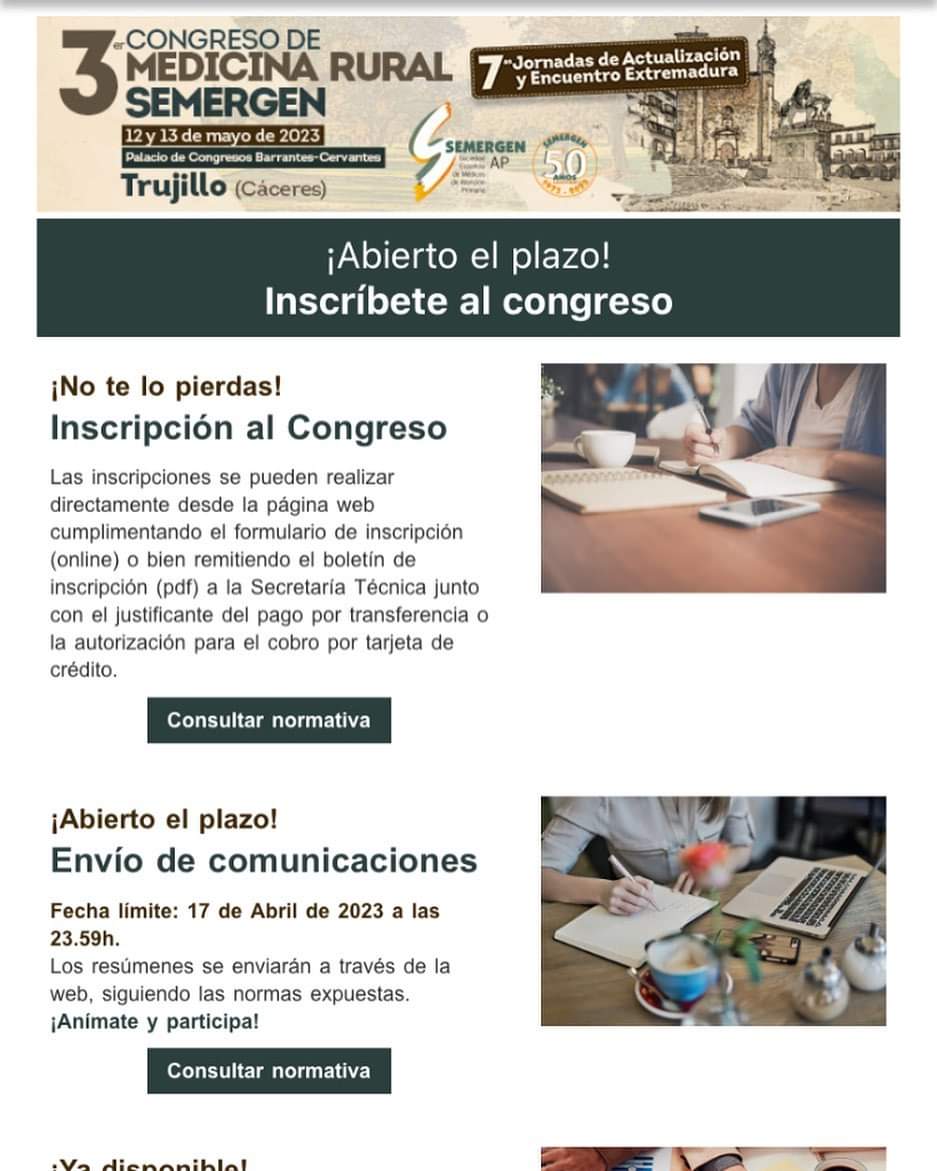 📢 Abierta la inscripción, envío de comunicaciones y solicitud de 4️⃣0️⃣ BECAS para #semergenRURAL23 que se celebrará en Trujillo (Cáceres)
👁‍🗨semergen.es #semergen