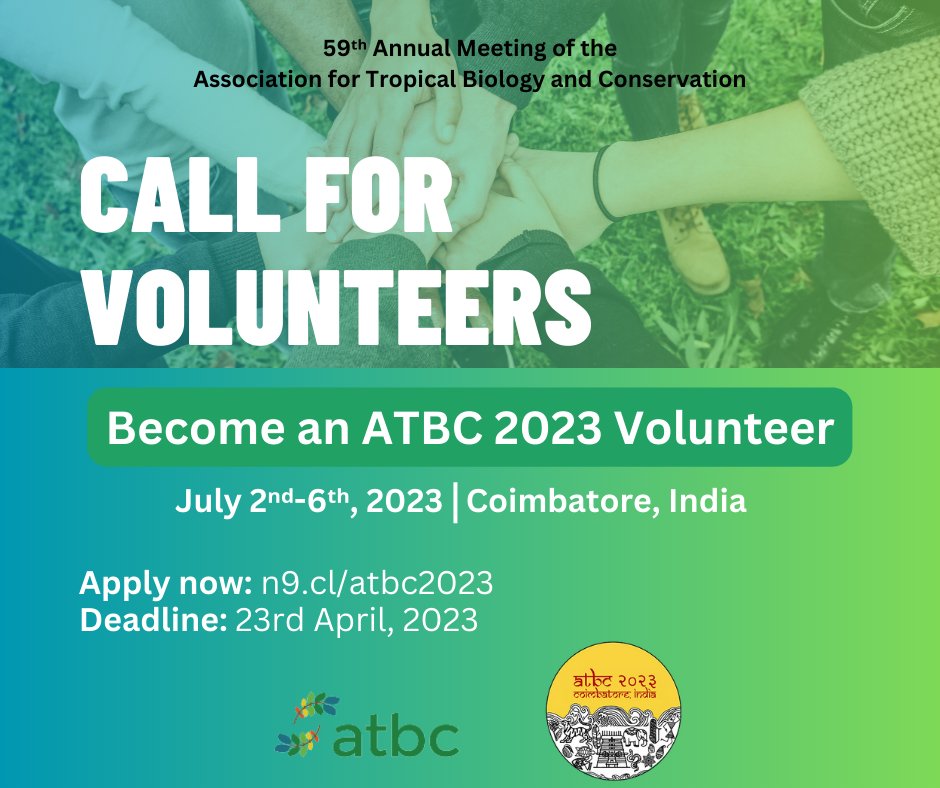 🙌Become an ATBC 2023 Volunteer! Are you a student with a passion for tropical biology and conservation? Join our team and become a volunteer for the 59ᵗʰ #ATBC Annual Meeting. Apply here: conta.cc/3KSEF9A Deadline: 23rd April 2023