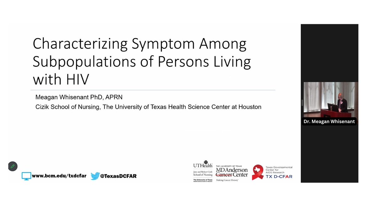 Dr. Whisenant from @CizikNursing @UTHealthHouston is using her background in the study of symptom burden in patients w/ cancer now for patients with #HIV. We are proud to have her as a member of our #TXDCFAR. She is LIVE presenting her work at our annual conference right now.