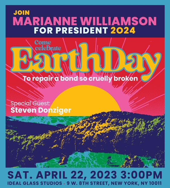 SDonziger's tweet photo. Honored to speak as a guest of my good friend @marwilliamson in NYC to celebrate Earth Day. Marianne is the only candidate with the courage and toughness to deal with the pressing issues facing our nation. 

Please join us and support Marianne.⤵️ https://t.co/RRPqJNoQtf https://t.co/h0RHWETIk9