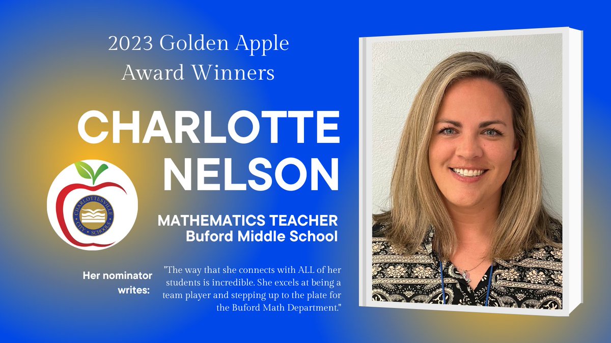 Charlottesville City Schools (@cvilleschools) on Twitter photo Cville Schools educators are outstanding! Join us in saying CONGRATULATIONS to 2023 Golden Apple Award Winner Charly Nelson of <a href="/Buford_Middle/">Buford Middle School</a>
charlottesvilleschools.org/goldenappleawa… Cville Schools educators are outstanding! Join us in saying CONGRATULATIONS to 2023 Golden Apple Award Winner Charly Nelson of <a href="/Buford_Middle/">Buford Middle School</a>
charlottesvilleschools.org/goldenappleawa…