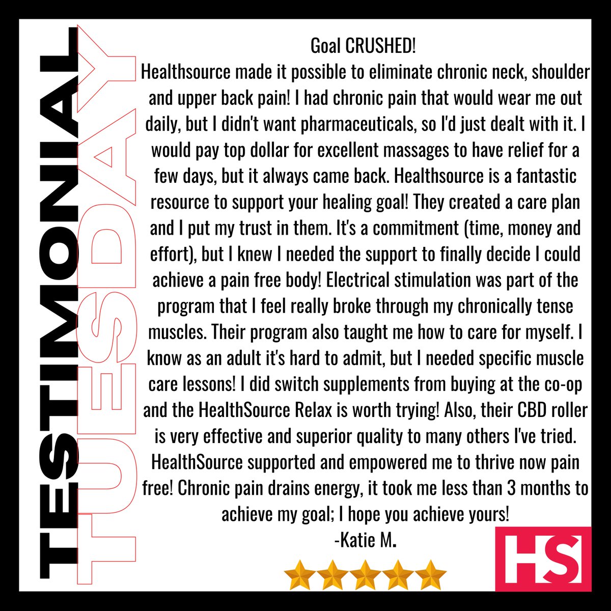 HealthSourceEP's tweet image. ⭐TESTIMONAL TUESDAY!⭐
Thank you for the amazing testimonial! It has been our pleasure to help you reach you goal of being neck pain and upper back pain free and learning how to maintain it on your own. We are also happy the Relax supplement and CBD roll-on were also helpful.
