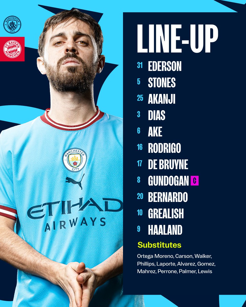 ManCity's tweet image. #UCL 𝘛𝘌𝘈𝘔 𝘕𝘌𝘞𝘚 📋

XI | Ederson, Stones, Akanji, Dias, Ake, Rodrigo, De Bruyne, Gundogan (C), Bernardo, Grealish, Haaland

SUBS | Ortega Moreno, Carson, Walker, Phillips, Laporte, Alvarez, Gomez, Mahrez, Perrone, Palmer, Lewis

#ManCity
