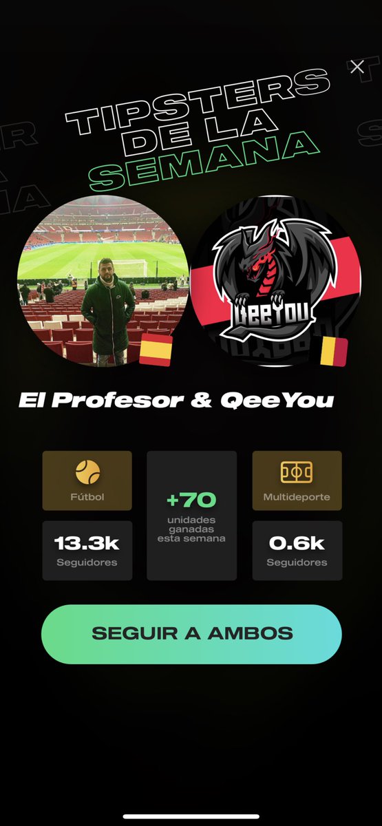 Congrats to my mate <a href="/QeeYouBet/">QeeYou</a> In just 2 weeks in the App already won one Tipster of the week award! 

His profile 👉🏻 tipsterchat.com/QeeYou

And to Alex CM of <a href="/tipsterchat/">TipsterChat</a> the Romania 🇷🇴 football master 🚀