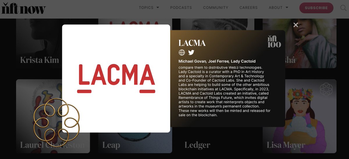 ✨✨❤️Thrilled that <a href="/LACMA/">LACMA</a> is being honored by <a href="/nftnow/">nft now</a>  for its incredible work in #Web3 this year, including an acquisition of historic blockchain works gifted by <a href="/CozomoMedici/">Cozomo de’ Medici</a> and the pioneering digital art initiatives <a href="/CactoidLabs/">Cactoid Labs</a> is bringing to fruition at the museum❤️ ✨✨