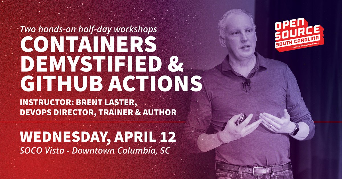 AllThingsOpen's tweet image. Don&apos;t miss out TOMORROW to learn about Containers and GitHub Actions w/ Brent Laster at #OpenSourceSC! Only $10 to register for these hands-on workshops, focused on understanding container mechanics &amp;amp; automating with GitHub. For more info: meetup.com/open-source-so…