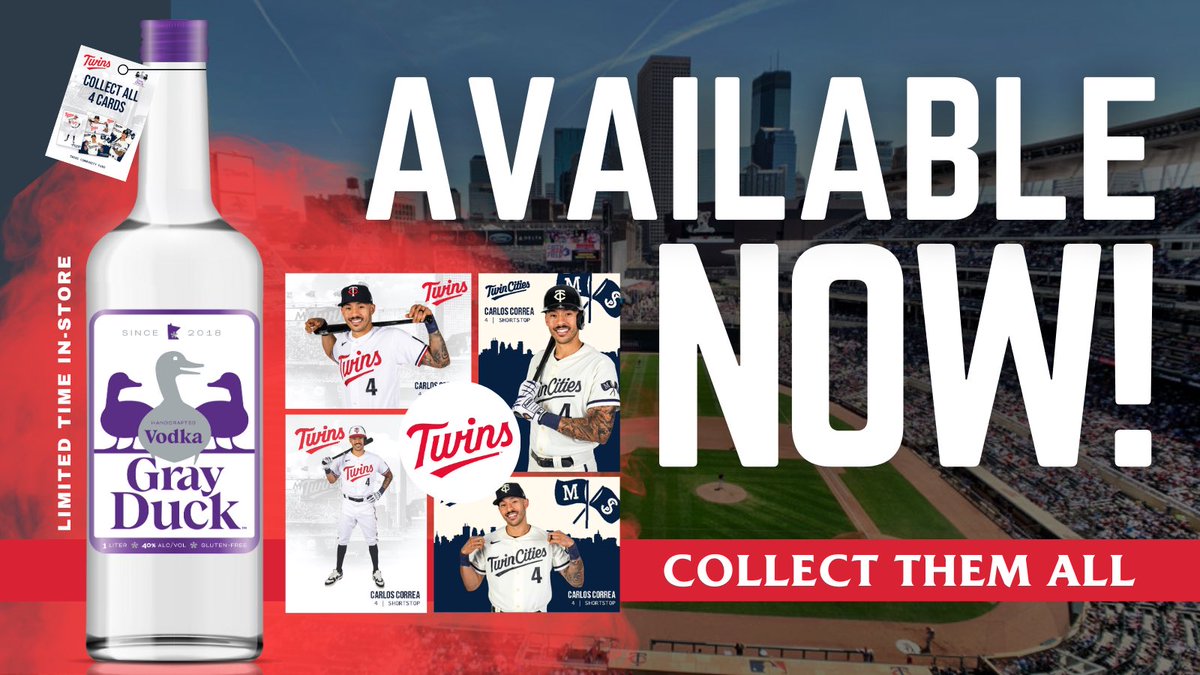 grayduckspirits's tweet photo. This year’s @Twins themed bottles benefit the @TwinsCommunity fund. 

* They include 4 unique @teamcjcorrea cards hanging from the bottle neck…one design per bottle, COLLECT THEM ALL!

GET YOURS TODAY! ⚾️ 

#CollectCorrea #grayduckcares https://t.co/axVt0d4doC