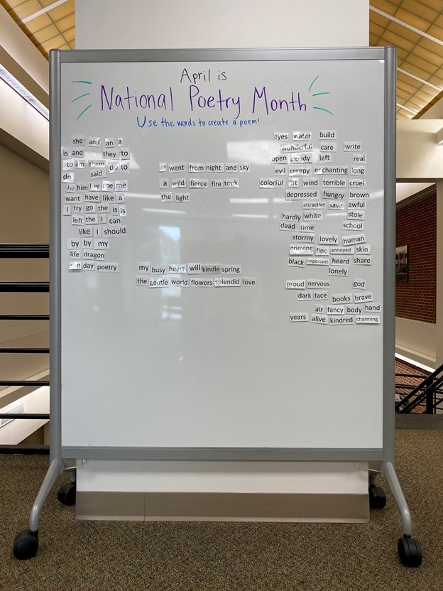 uncplibrary's tweet photo. Mary Livermore Library is celebrating UNCP's campus creativity with a magnetic poetry display on the second floor of the library. Anyone is welcome to participate! Thanks to Krystal Dean for organizing this. https://t.co/aMPb49fbe4