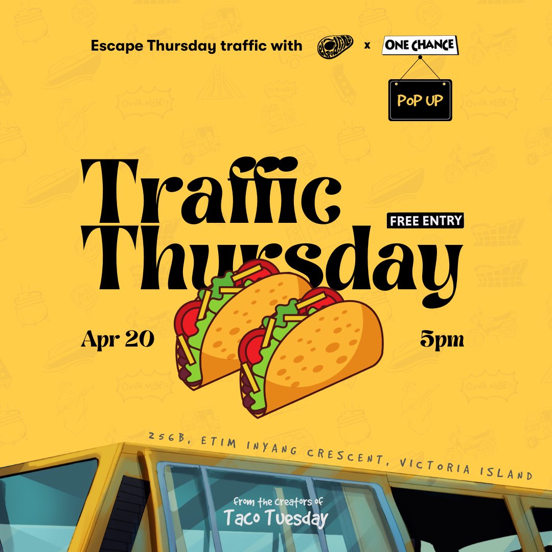 OneChanceGame's tweet photo. Introducing Traffic Thursday with El Padrino x One Chance! 🎲🚦

Escape the weekday rush hour with us on the 20th. 

Pull up for fun, games and of course, tacos! 🥳

Register here!  https://t.co/OV07sdflC5 🔗

#OneChanceGame #NigerianBoardGame #TrafficThursday https://t.co/ys4VD7ZoKG