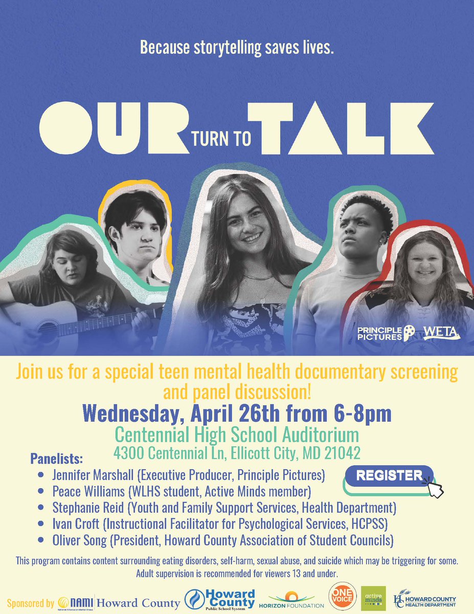 <a href="/HCPSS/">HCPSS</a> &amp; <a href="/NAMIHowardCo/">NAMI Howard County MD</a> present: "Our Turn to Talk" Teen Mental Health Documentary Screening
Join us for a special teen mental health documentary &amp; panel discussion on April 26 6-8pm. The screening will be at Centennial HS Auditorium 4300 Centennial Ln, Ellicott City. <a href="/HoCoHealth/">Howard County Health Department</a>