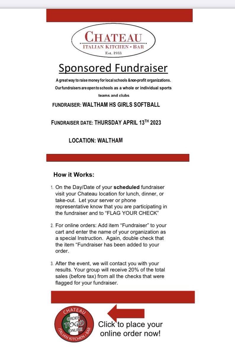 Support Waltham HS Softball by dining in or out on Thursday at the Chateau! 🥎 Flag your check (directions below) as part of our fundraiser and we’ll receive money for our program… thank you in advance for your support!