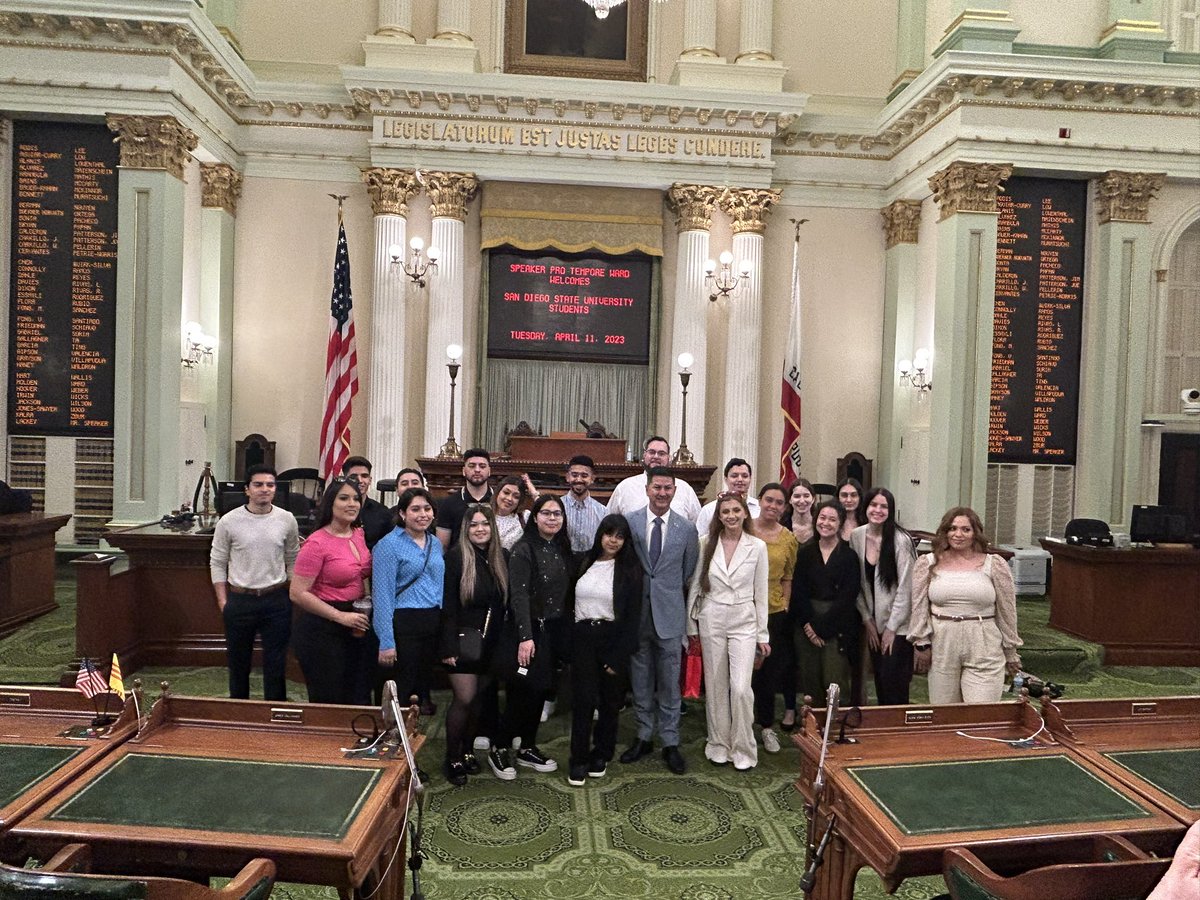 Dominika Bukalova (@dominika59261) on Twitter photo A wonderful welcome to the Assembly this morning - thank you Assembly Speaker pro Tempore Ward <a href="/AsmChrisWard/">Assemblymember Chris Ward</a>!
Grateful to you & your team for welcoming our students! <a href="/SDSU_IV/">SDSU Imperial Valley</a> <a href="/sdpublicaffairs/">School of Public Affairs</a> <a href="/SDSU/">San Diego State University</a> @ProfColvin A wonderful welcome to the Assembly this morning - thank you Assembly Speaker pro Tempore Ward <a href="/AsmChrisWard/">Assemblymember Chris Ward</a>!
Grateful to you & your team for welcoming our students! <a href="/SDSU_IV/">SDSU Imperial Valley</a> <a href="/sdpublicaffairs/">School of Public Affairs</a> <a href="/SDSU/">San Diego State University</a> @ProfColvin