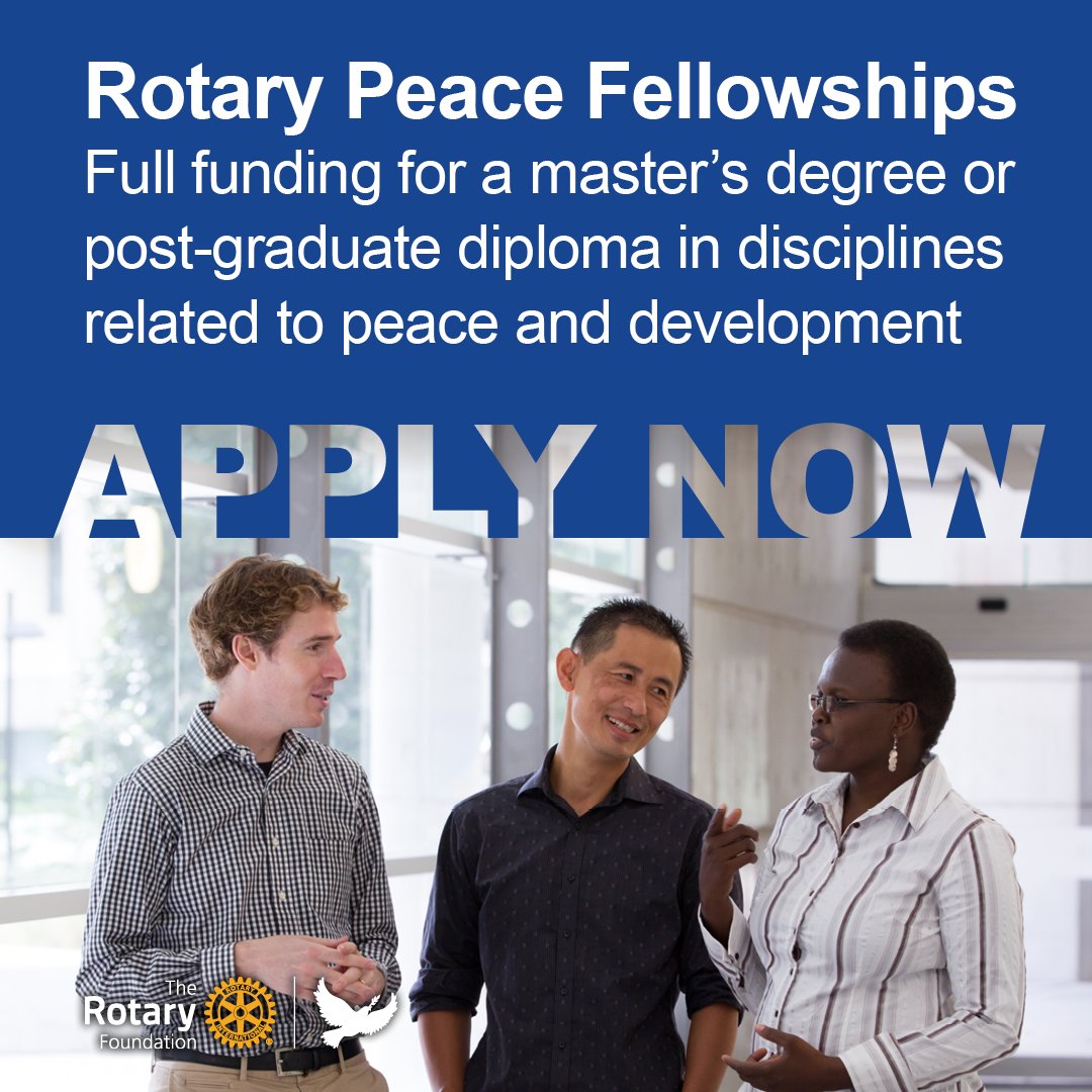 Applications are open for fully funded #Rotary Peace Fellowships offered at premier universities around the world. Leaders in peace and development can apply for master’s degrees or a professional development certificate. 

Learn more: rotary.org/peace-fellowsh…