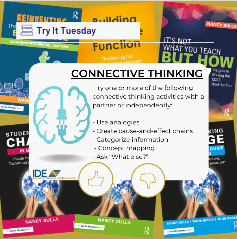 IDECorp's tweet photo. #TryItTuesday There are 5 different strategies we can use to support Ss in connective thinking —making connections between things that may not at first seem like they connect. Let’s get our brains thinking in connective ways. Click here for free content- https://t.co/YeTMsHbxuR https://t.co/O9qF5SCyqN