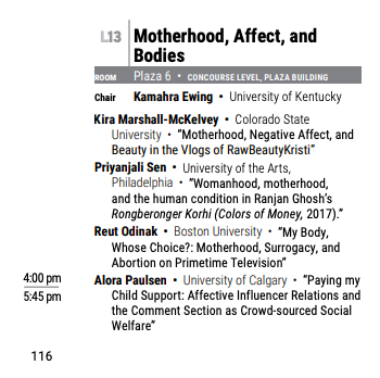 MckelveyKira's tweet image. Folks coming to #SCMS2023 : I would love to see you at my panel on Friday! I&apos;ll be chatting about motherhood, negative affect, and alienation on YouTube.
