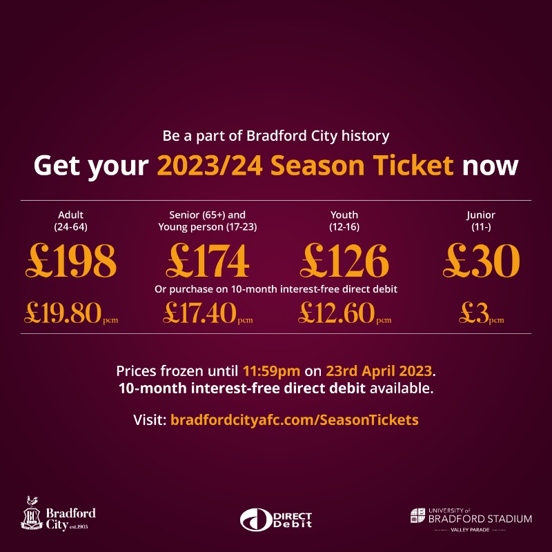 officialbantams's tweet photo. 🙌 | Our highest day of season ticket sales to date has seen us smash the 1️⃣0️⃣,0️⃣0️⃣0️⃣ mark!

⏰ | Only 🖐️ DAYS LEFT to keep your seat
✅ | Already over 1️⃣,2️⃣0️⃣0️⃣ newcomers for 2023/24

➡️ | Read: https://t.co/gynmSqOIjT

🎟️ | Secure: https://t.co/YGYhYDsCYJ

#BCAFC